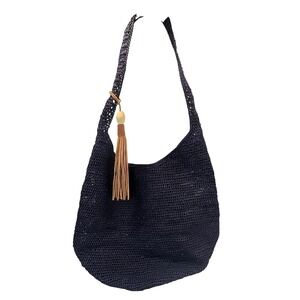 Mar Y Sol Raffia Crochet Hobo Bag Navy Boho Coastal Beach Resort Tote Tassel
